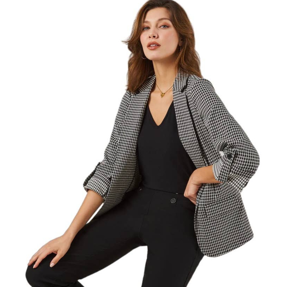 89TH + MADISON Herringbone Check Roll Tab Sleeve Soft Blazer Black Small Large
